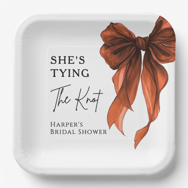 She's Tying The Knot Orange Bow Bridal Shower Paper Plate (Front)