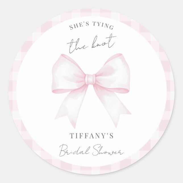 She's Tying The Knot Pink Blush Bow Bridal Shower Classic Round Sticker (Front)