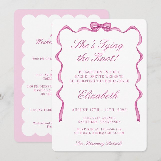 She's Tying the Knot Pink Bow Bachelorette Party Invitation (Front/Back)