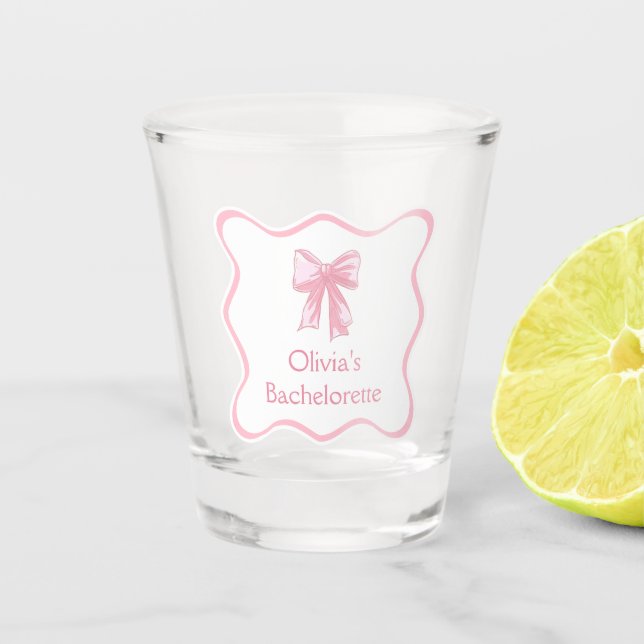 Shes Tying the Knot Pink Bow Bachelorette Shot Glass (Front)
