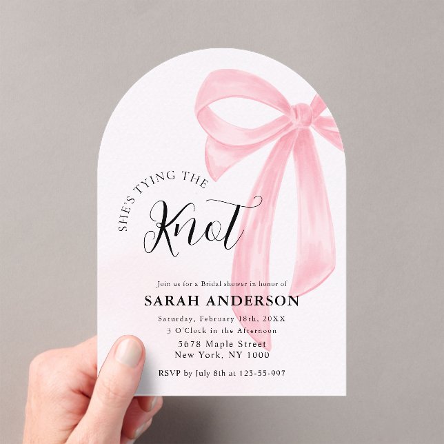 She's Tying the Knot pink bow Bridal Shower  Acrylic Invitations (Insitu (Handheld))