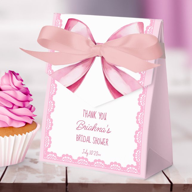 She's tying the knot pink bow bridal shower favour box (She's tying the knot pink bow bridal shower favor box personalized printed coquette favor boxes)