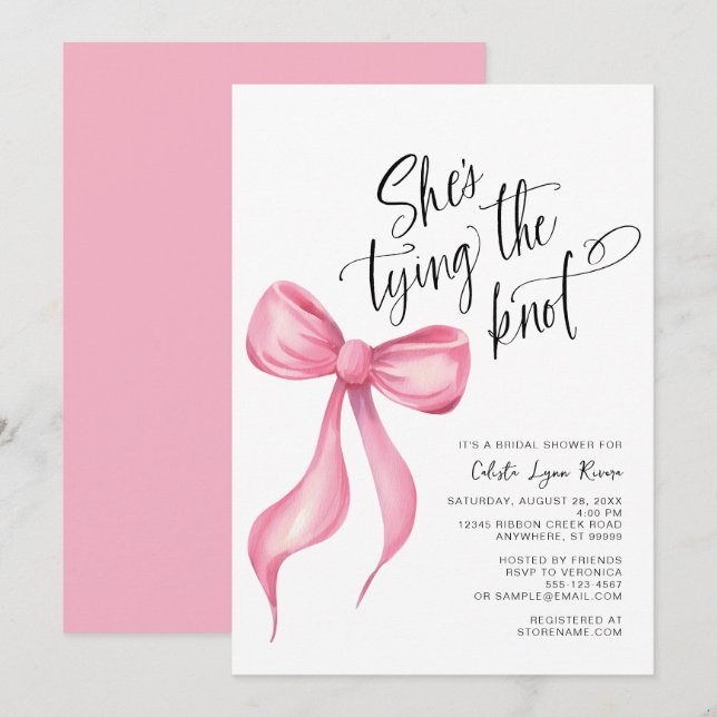 She's Tying the Knot Pink Bow Bridal Shower Invitation (Front/Back)