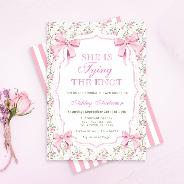 She's Tying the Knot Pink Bow Bridal Shower Invitation (Creator Uploaded)