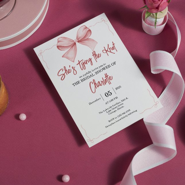 she's tying the knot pink Bow bridal shower  Invitation (cute watercolor She’s Tying the Knot Bridal Shower Invitation soft red satin bow, coquette bow)