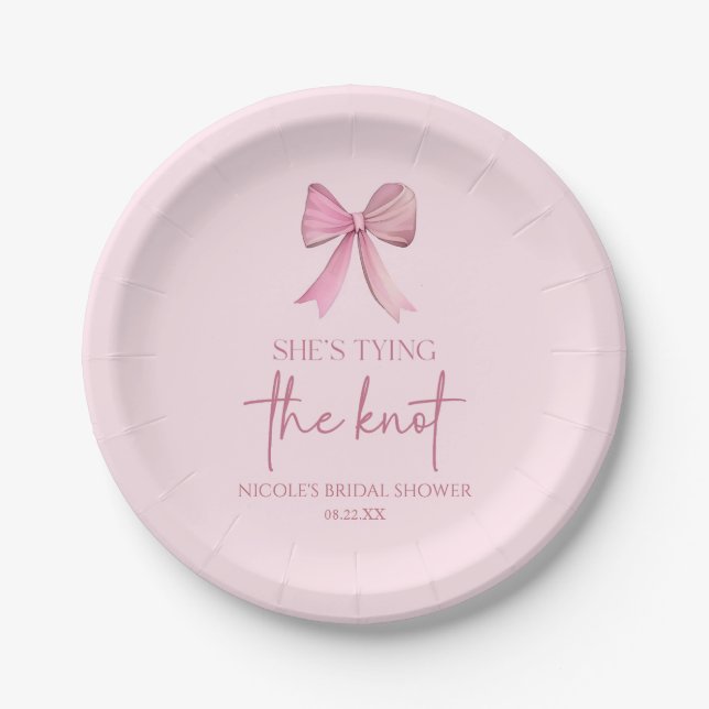 She's Tying The Knot Pink Bow Bridal Shower Paper Plate (Front)