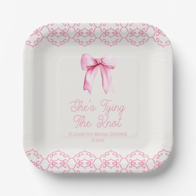 She's Tying The Knot Pink Bow Bridal Shower Paper Plate (Front)