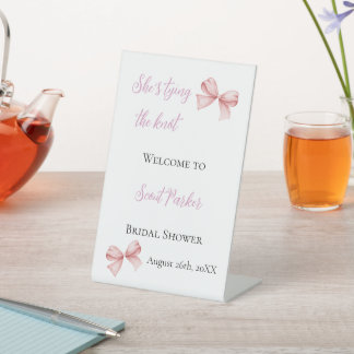 She's Tying the Knot Pink Bow Bridal Shower Pedestal Sign