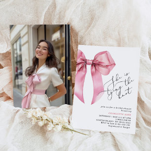 She's tying the knot Pink Bow Bridal shower photo Invitation