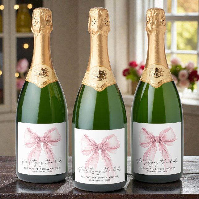 Shes Tying The Knot Pink Bow Bridal Shower Sparkling Wine Label (Shes Tying The Knot Pink Bow Bridal Shower Sparkling Wine Label)
