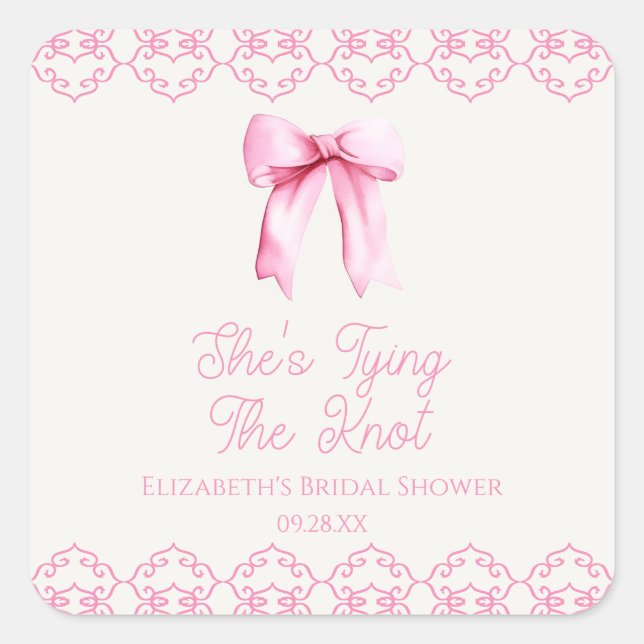 She's Tying The Knot Pink Bow Bridal Shower Square Sticker (Front)