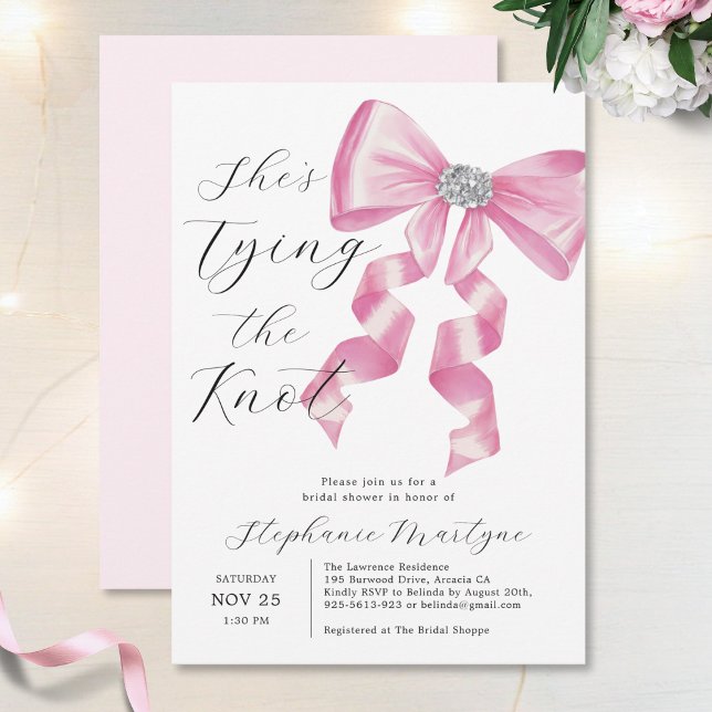 She's Tying The Knot Pink Bow Glam Bridal Shower Invitation (Creator Uploaded)