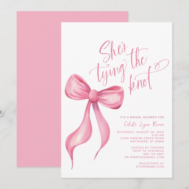 She's Tying the Knot Pink Bow Ribbon Bridal Shower Invitation (Front/Back)
