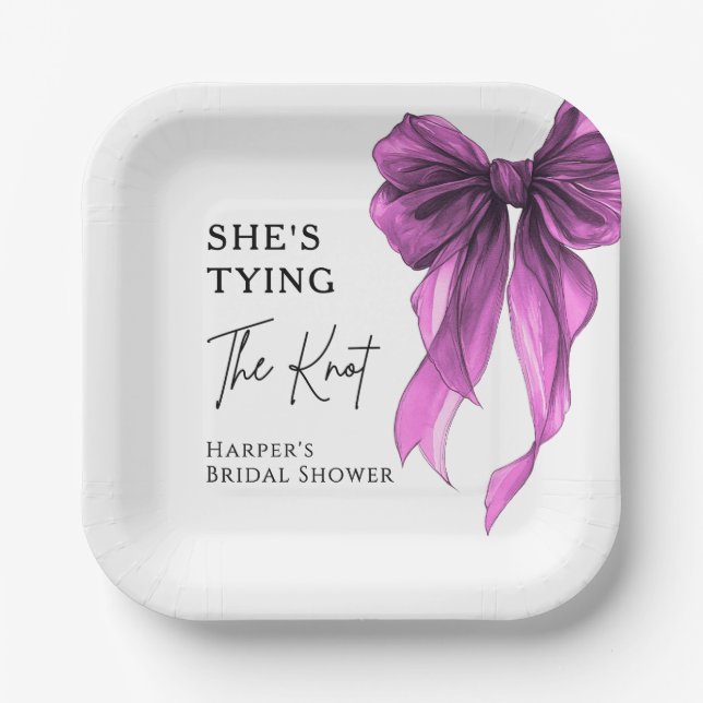 She's Tying The Knot Purple Bow Bridal Shower Paper Plate (Front)