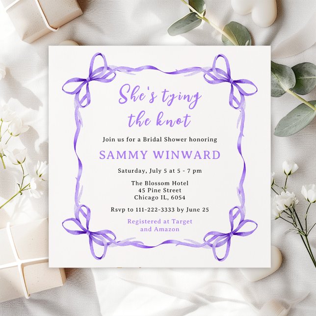 She's Tying The Knot Purple Ribbon Bridal Shower Invitation (Creator Uploaded)