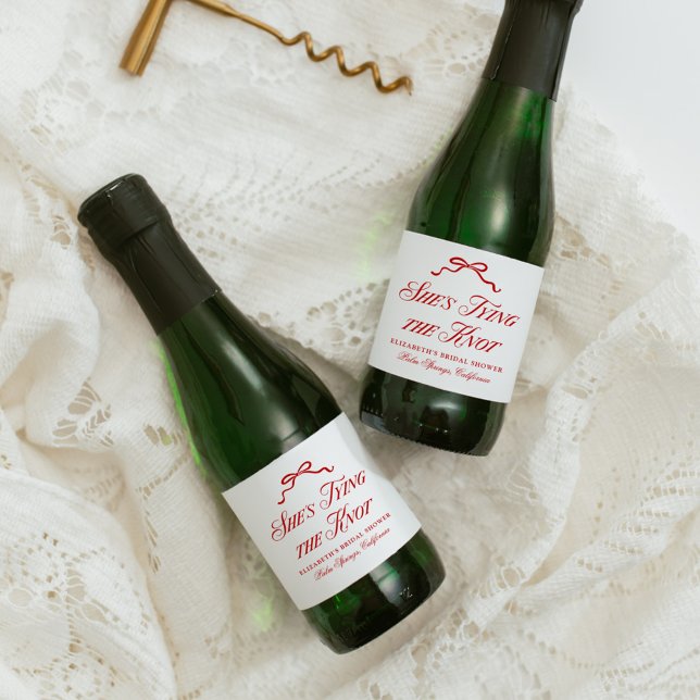 She's Tying The Knot Red Elegant Hand Drawn Bow Sparkling Wine Label (Creator Uploaded)
