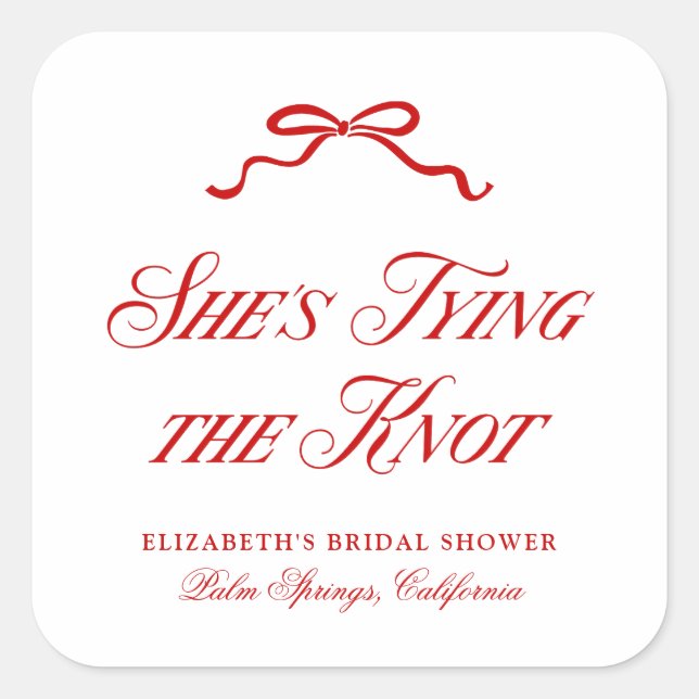 She's Tying The Knot Red Elegant Hand Drawn Bow Square Sticker (Front)