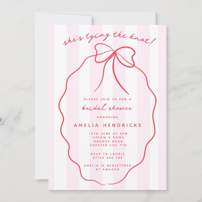 She's Tying the Knot Red & Pink Bow Bridal Shower Invitation (Front)