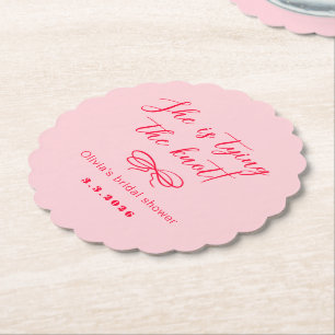She's tying the knot retro wavy pink red paper coaster