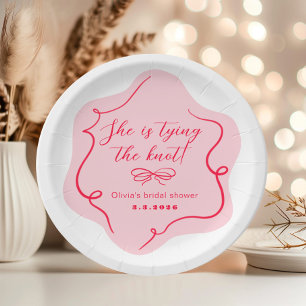 She's tying the knot retro wavy pink red paper plate