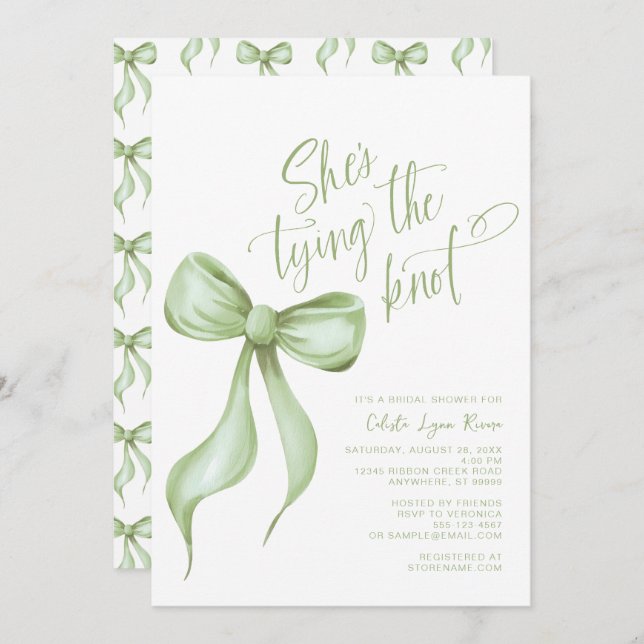 She's Tying the Knot Sage Green Bow Bridal Shower Invitation (Front/Back)