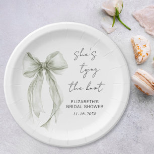 Shes Tying The Knot Sage Green Bow Bridal Shower Paper Plate