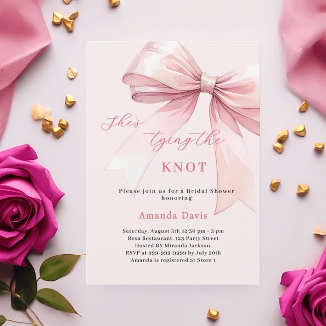 She's tying the knot soft pink bow Bridal Shower Invitation (Creator Uploaded)