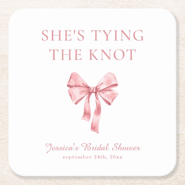 She's Tying the Knot Soft Pink Coquette Shower Square Paper Coaster (Front)