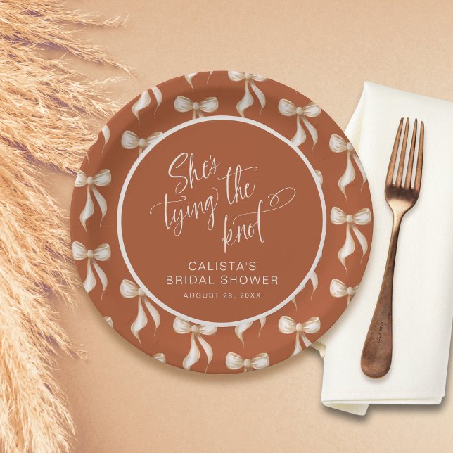 She's Tying the Knot Terracotta Bow Bridal Shower Paper Plate (Creator Uploaded)