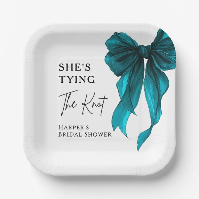 She's Tying The Knot Turquoise Bow Bridal Shower Paper Plate (Front)