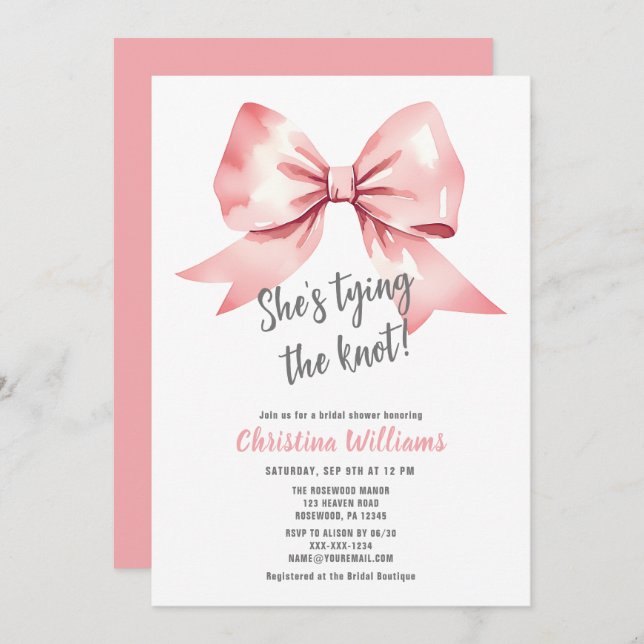 She's tying the knot Watercolor Pink Bridal Shower Invitation (Front/Back)