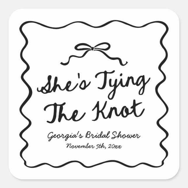 She's Tying The Knot Whimsical Bow Bridal Shower Square Sticker (Front)