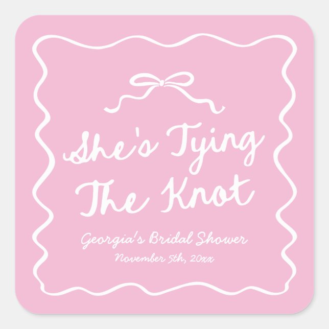 She's Tying The Knot Whimsical Bow Bridal Shower Square Sticker (Front)