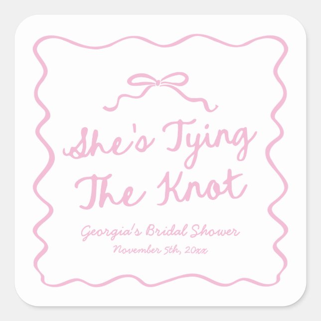 She's Tying The Knot Whimsical Bow Bridal Shower Square Sticker (Front)