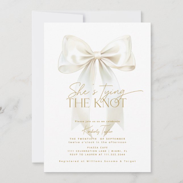 She's Tying the Knot White Bow Bridal Shower Invitation (Front)