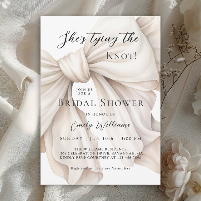 She's Tying the Knot White Bow Bridal Shower Invitation (Available in both printed and instant download digital formats!)