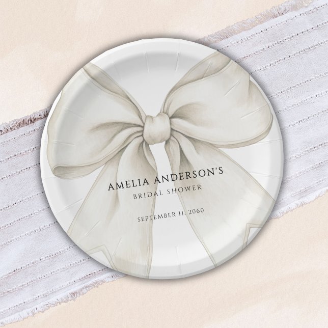 Shes Tying The Knot White Bow Simple Bridal Shower Paper Plate (Creator Uploaded)