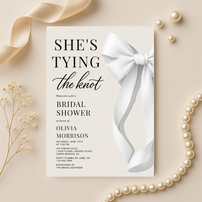 She's Tying The Knot White Ivory Bow Bridal Shower Invitation (Creator Uploaded)