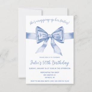 She's Wrapping Up Her Forties! Blue Bow Birthday Invitation