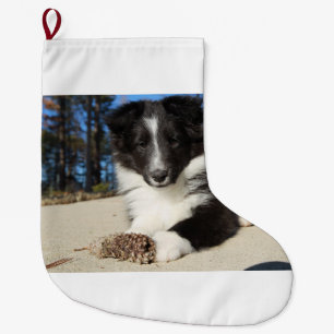 shet shp black and white puppy large christmas stocking