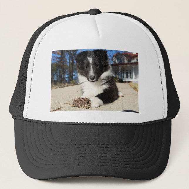 shet shp black and white puppy trucker hat (Front)