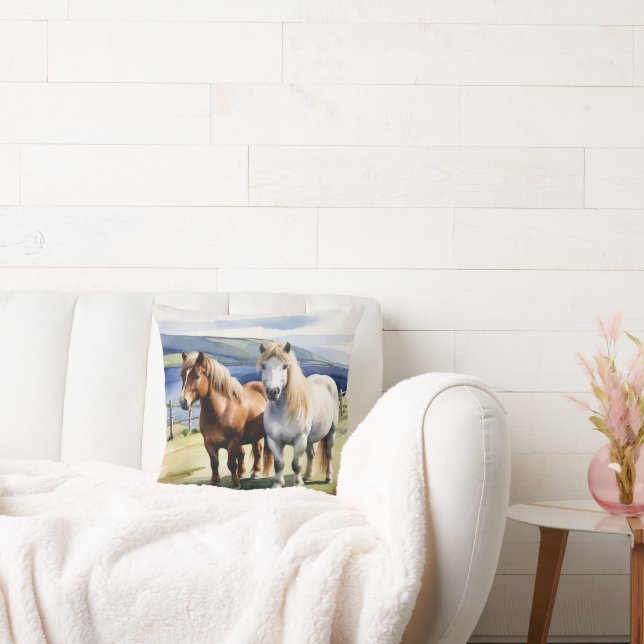 Shetland Ponies Animals Nature Equine Watercolor Cushion (Couch)