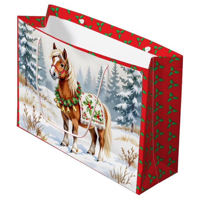 Shetland Pony and Holly Christmas Medium Gift Bag (Front Angled)