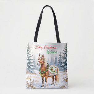 Shetland Pony and Holly Christmas Personalized Tote Bag