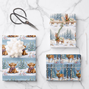Shetland Pony, Deer and Highland Cow Christmas Wrapping Paper Sheet