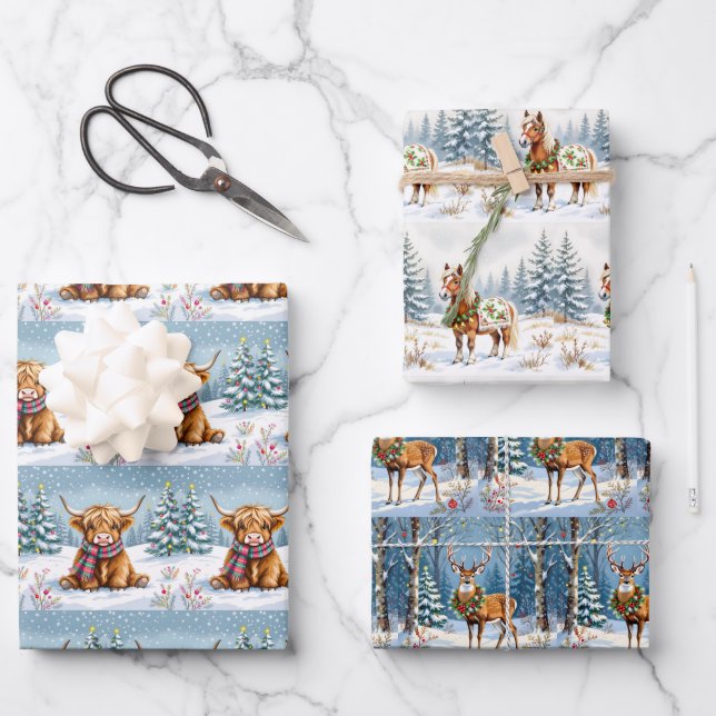 Shetland Pony, Deer and Highland Cow Christmas Wrapping Paper Sheet (Front)