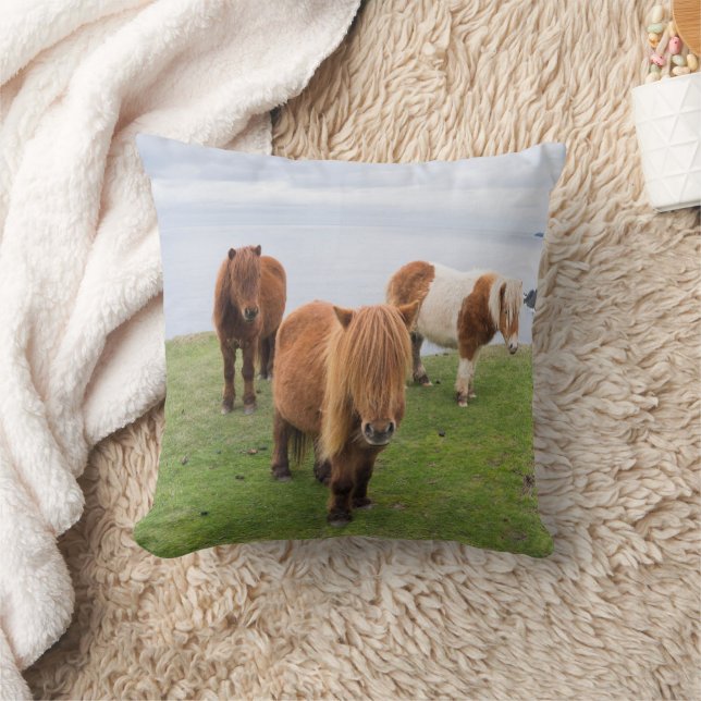 Shetland Pony on Pasture Near High Cliffs Cushion (Blanket)