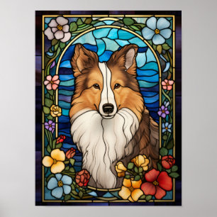 Shetland Sheepdog and Flowers Stained Glass Window Poster