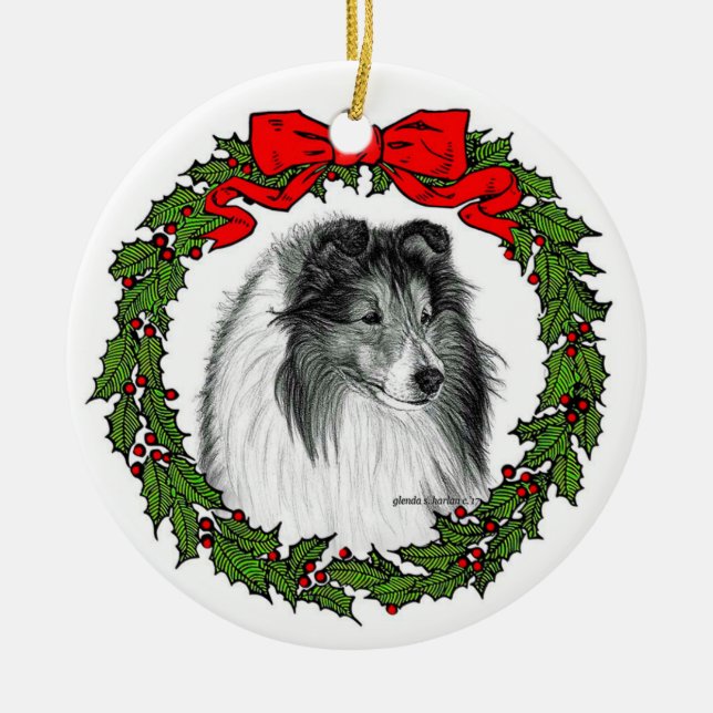 Shetland Sheepdog Art by Glenda S. Harlan Ceramic Tree Decoration (Front)