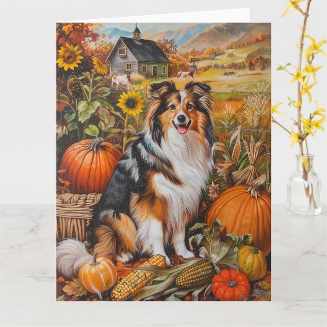 Shetland Sheepdog Autumn Harvest Thanksgiving Card (Yellow Flower)